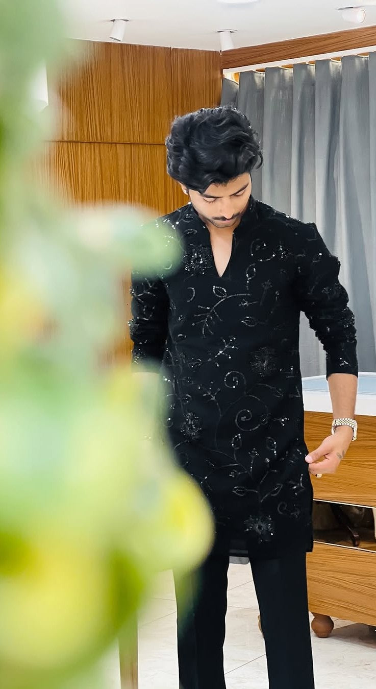 Black Pearl V Neck Embroidered Work Men's Kurta with Pajama