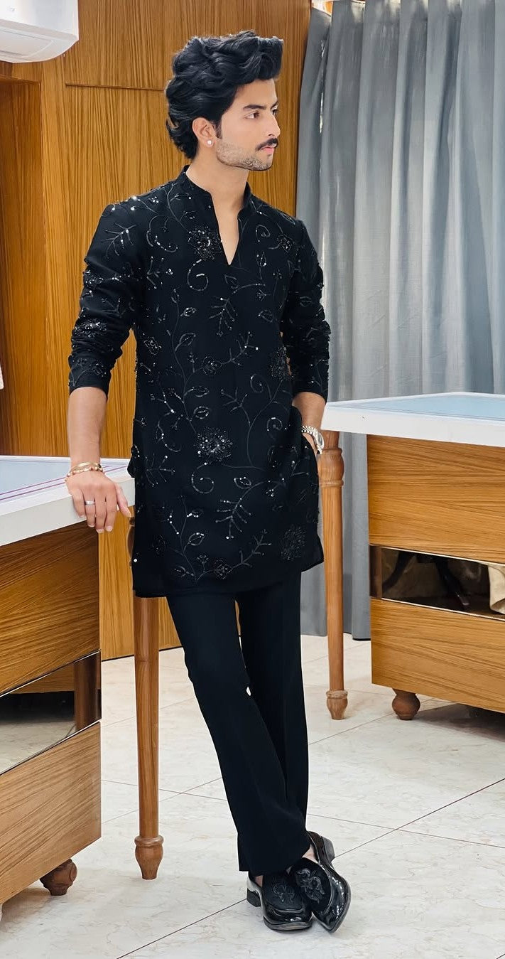 Black Pearl V Neck Embroidered Work Men's Kurta with Pajama