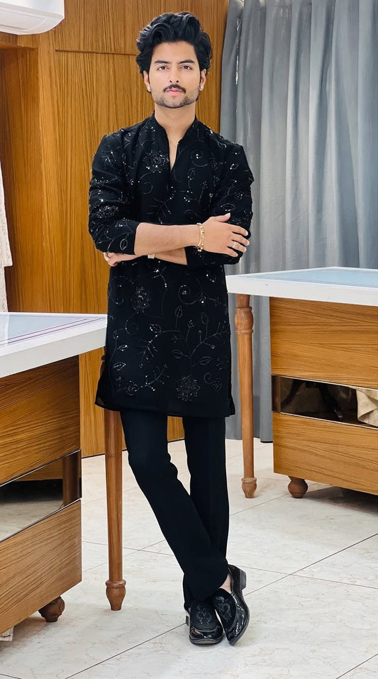 Black Pearl V Neck Embroidered Work Men's Kurta with Pajama