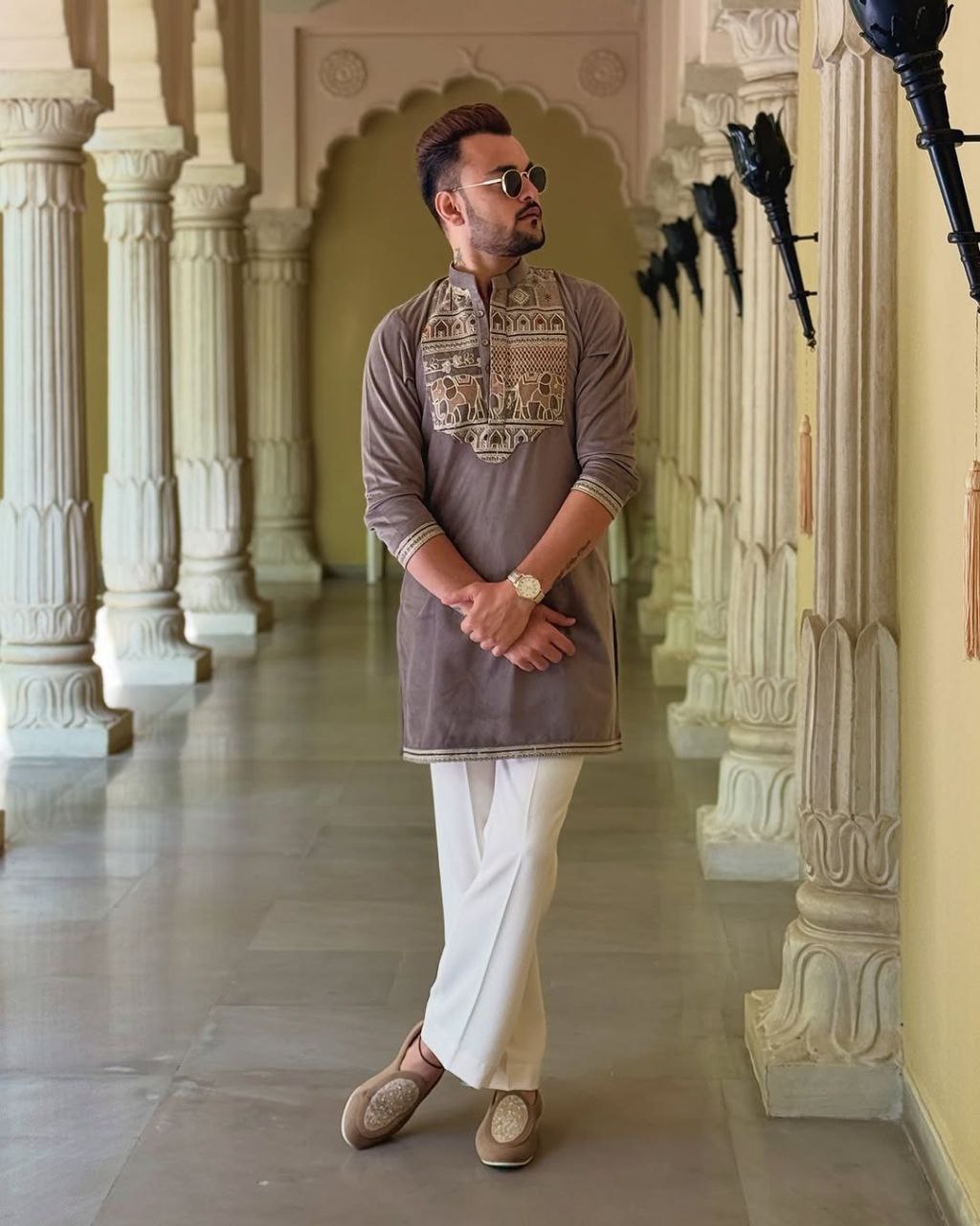 ELEPHANT Ironside Grey  Neck Embroidered Work Men's Kurta with Pajama