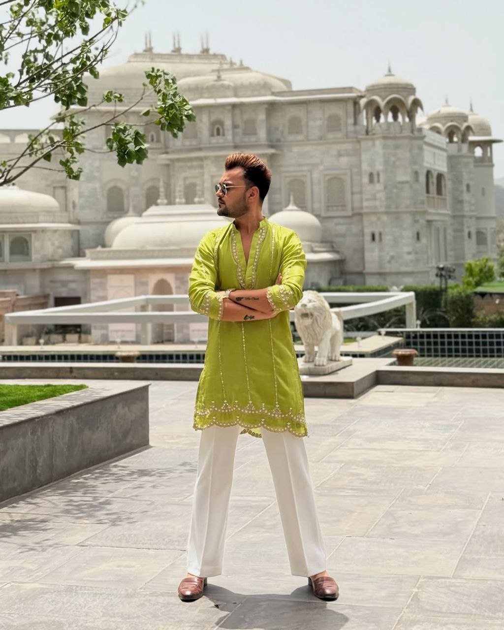 Olive Yellow EMBROIDERED MEN'S KURTA WITH PAJAMA SET