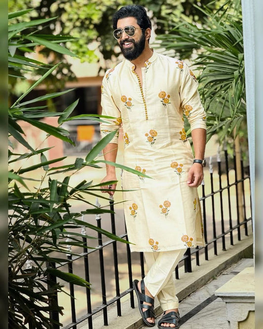 YELLOW CHANDERI PRINTED KURTA PAJAMA SET FOR MEN'S