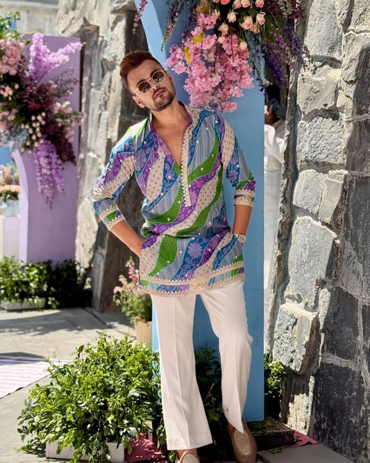 MULTI COLOURED BADHANI EMBROIDERED WORK PRINTED KURTA AND PAJAMA