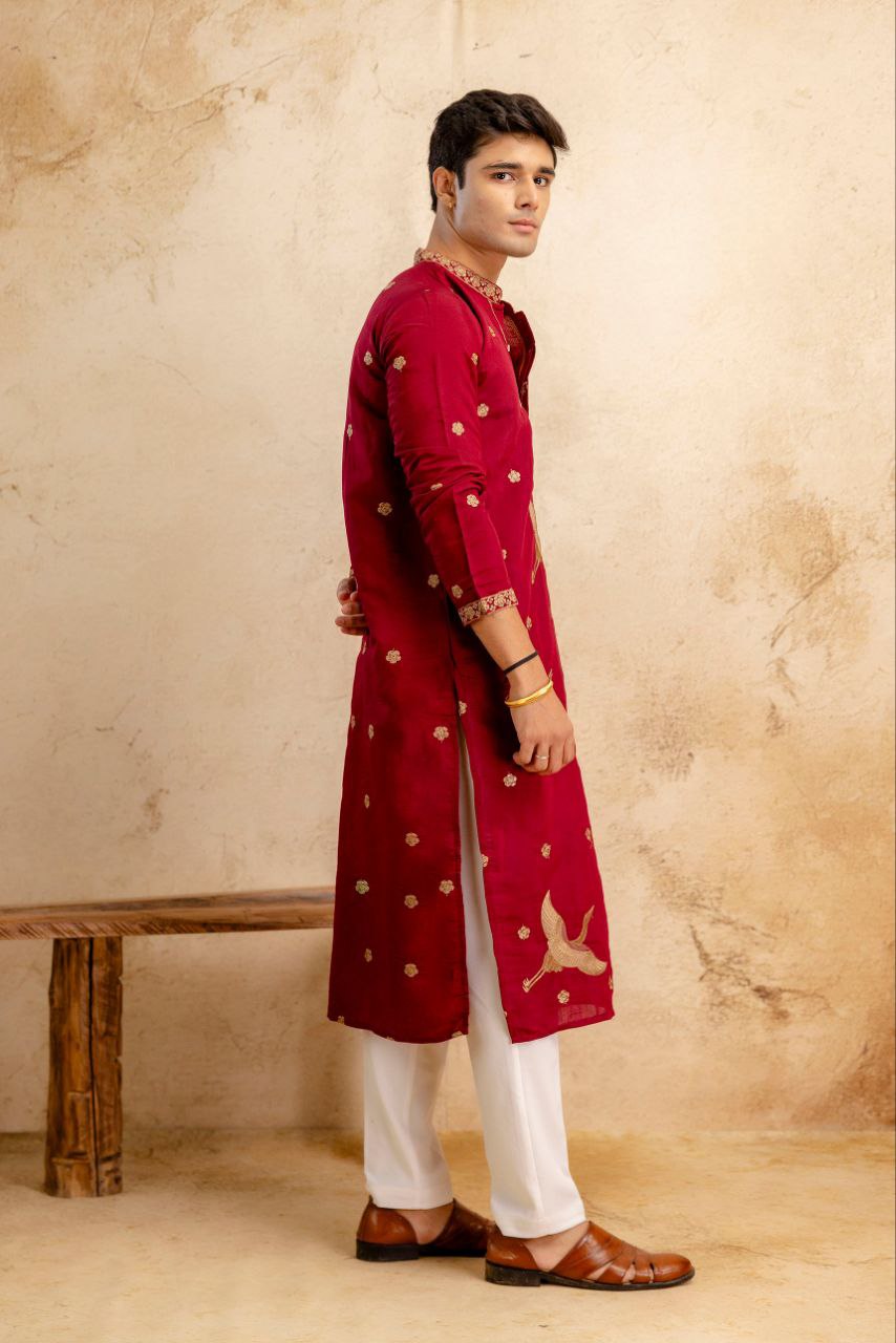 RED BIRD EMBROIDERED KURTA PANT SET