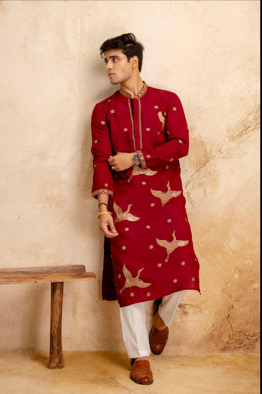 RED BIRD EMBROIDERED KURTA PANT SET