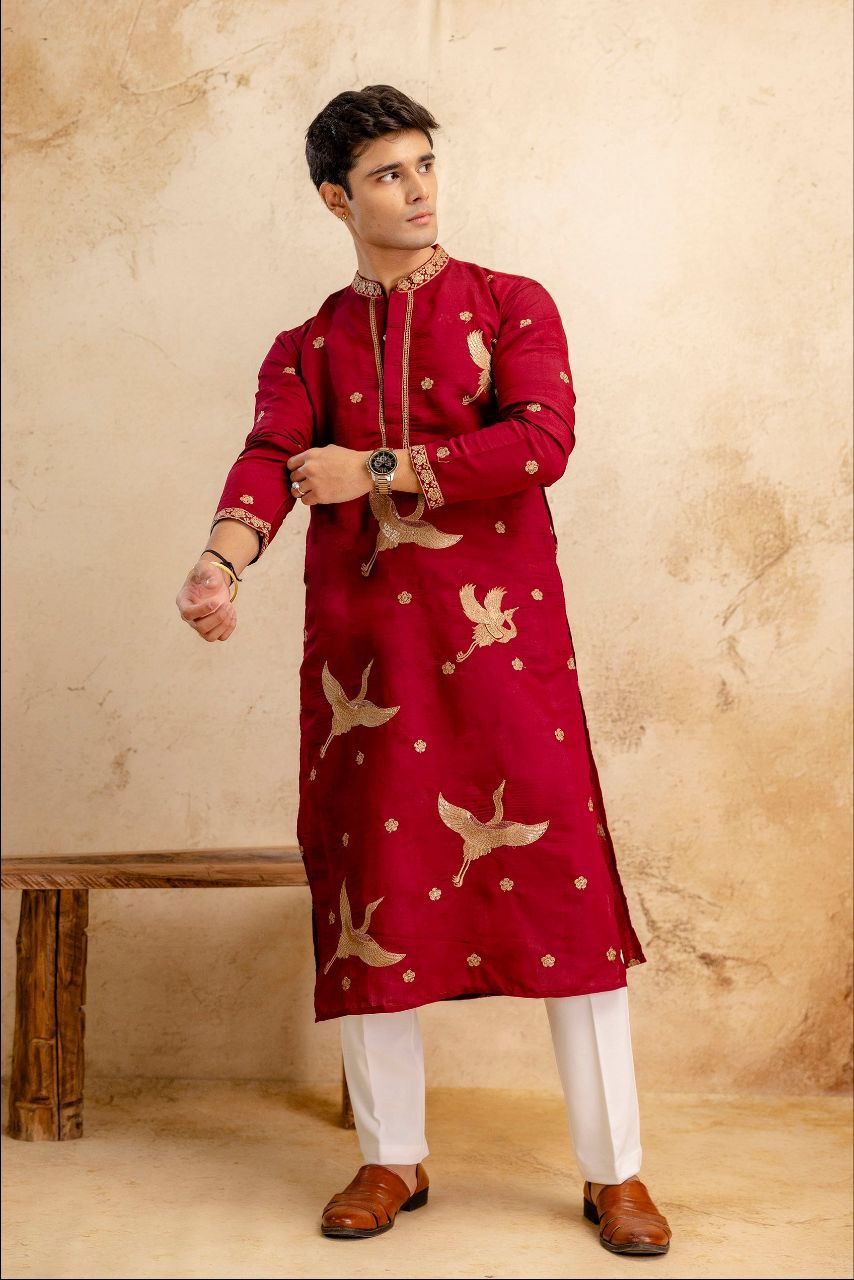 RED BIRD EMBROIDERED KURTA PANT SET