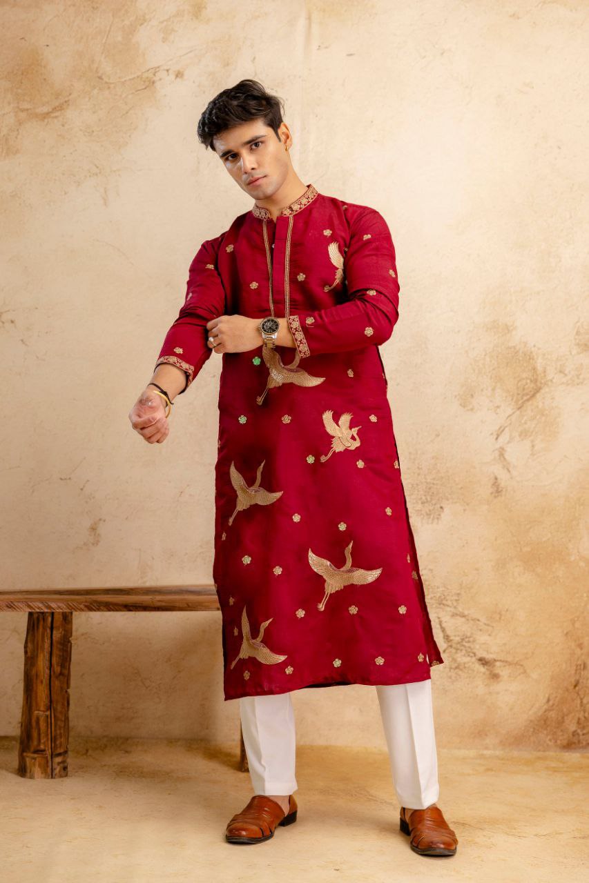 RED BIRD EMBROIDERED KURTA PANT SET