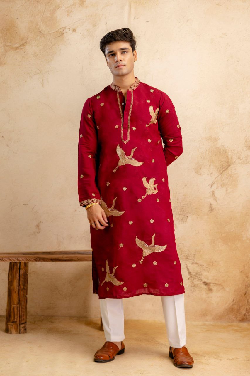 RED BIRD EMBROIDERED KURTA PANT SET